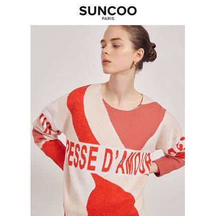 SUNCOO三色針織圖案舒適柔軟風圓領法式減齡氣質女士秋季新品毛衣